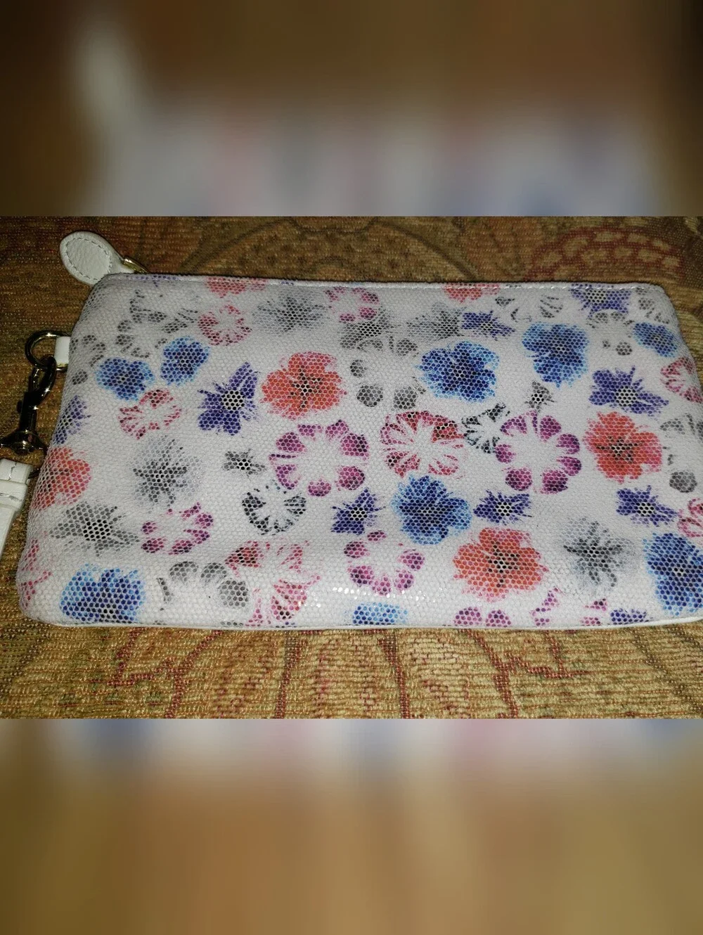 Befen White Leather Pouch With Colorful Floral Design